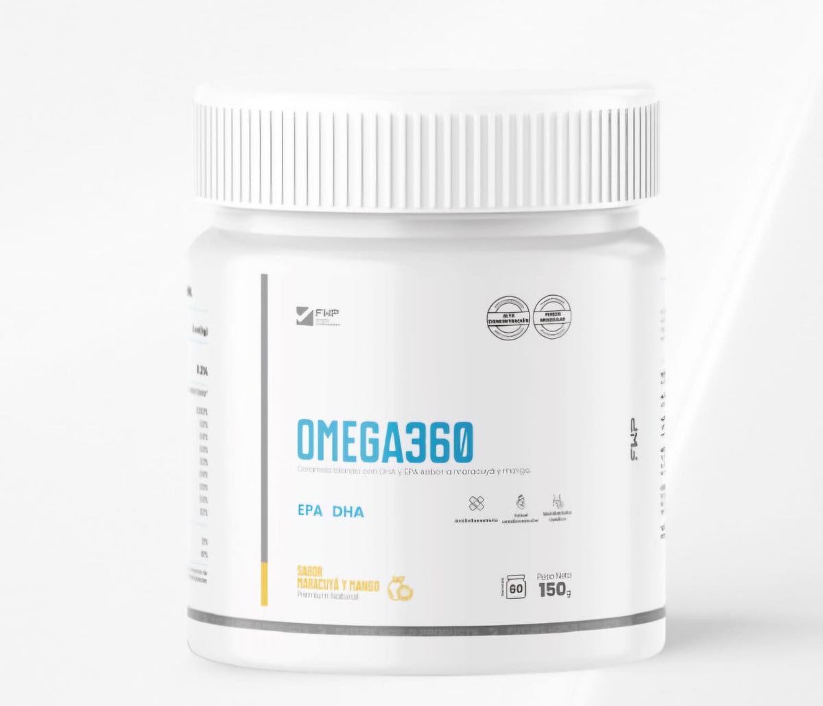 Omega360 suplemento EPA DHA sabor maracuyá y mango 150g 60 porciones